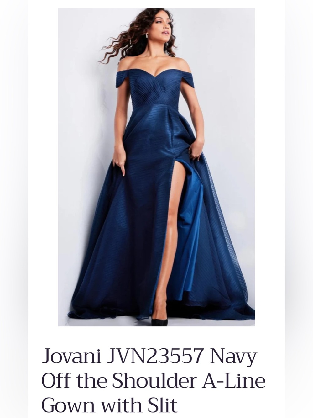 Jovani Navy Off-the-Shoulder Evening Gown with Thigh Slit